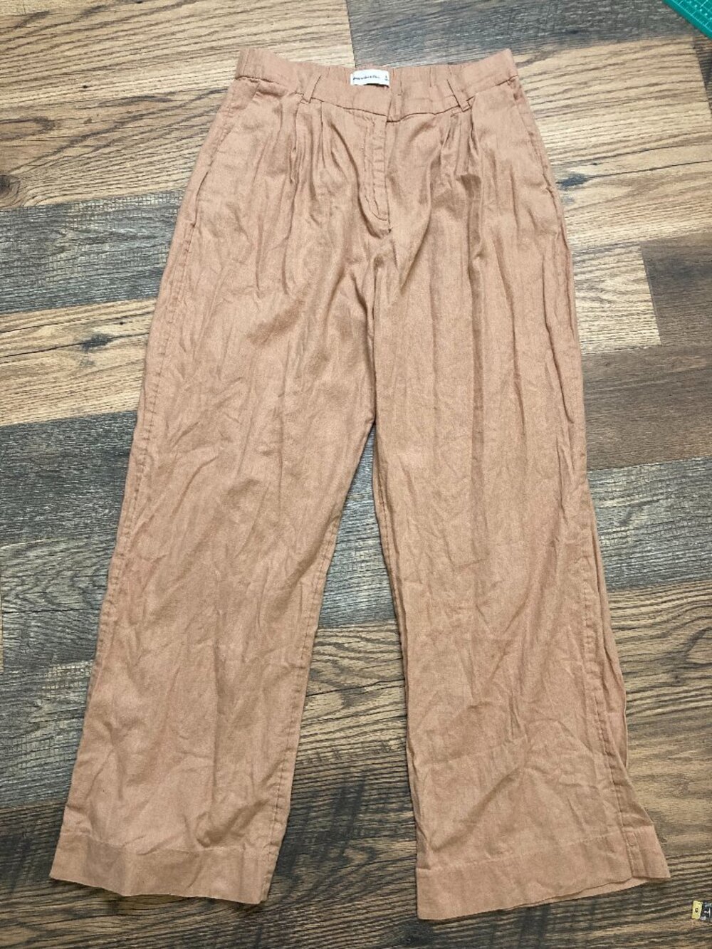 Abercrombie & Fitch Women's L Linen Blend Wide Leg Pants Pink High Rise Pleated